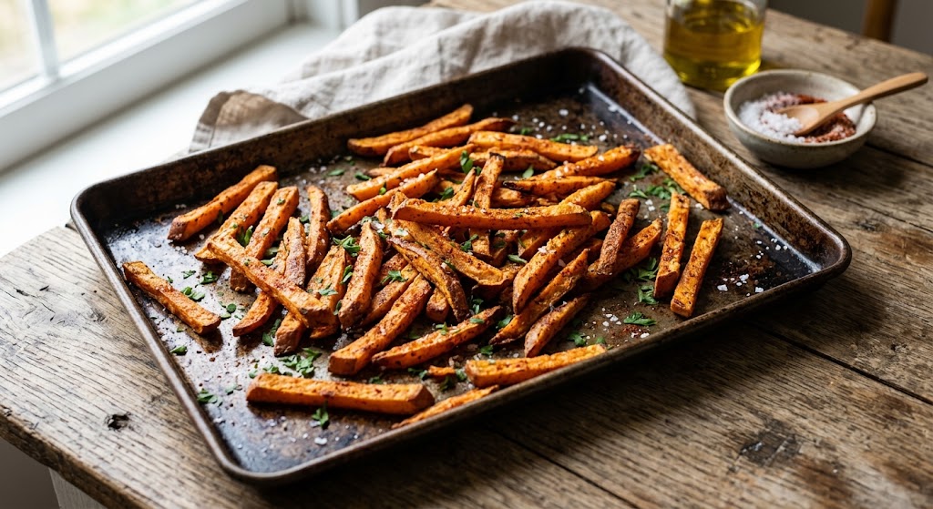 Homemade crispy sweet potato fries on a baking sheet")