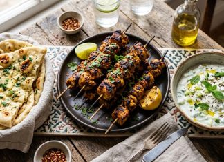 Recipe-Homemade Chicken Kebabs with Garlic Herb Naan and Cucumber Mint Raita