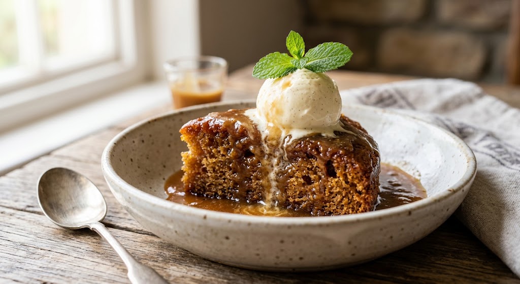 A slice of classic malva pudding topped with vanilla ice cream and caramel sauce in a ceramic bowl.
